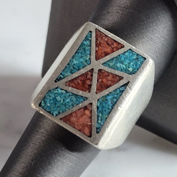 Other - Mens Vintage Estate Sterling Silver Turquoise Coral Ring 20.8g E6931